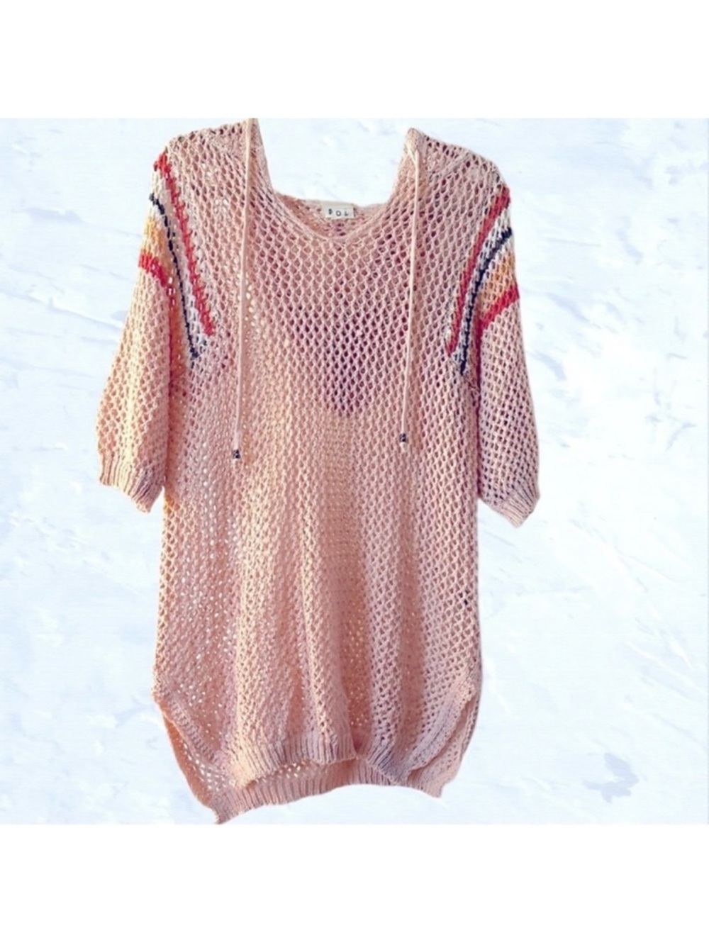 POL Bohemian Pink Crochet Knit Hooded Oversized Top Small New